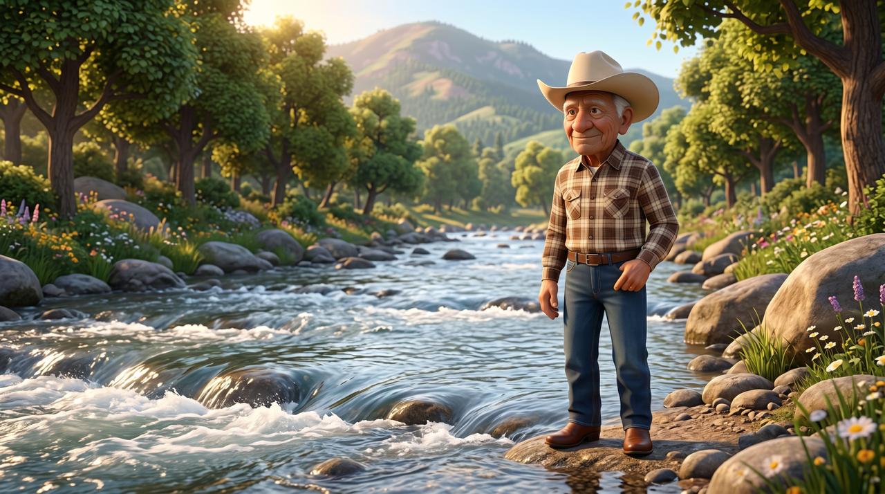 Don Gregorio junto a un río de aguas cristalinas