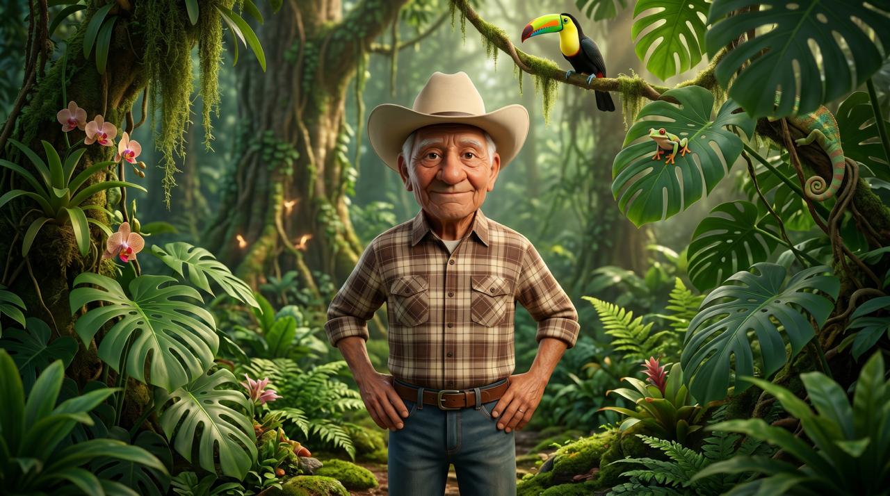 Don Gregorio rodeado de selva, aves y fauna