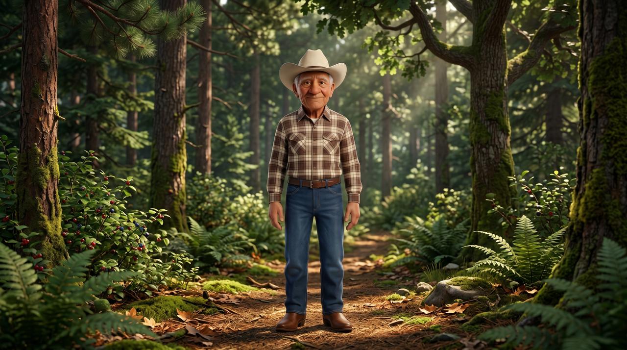 Don Gregorio en un bosque de pinos y encinos